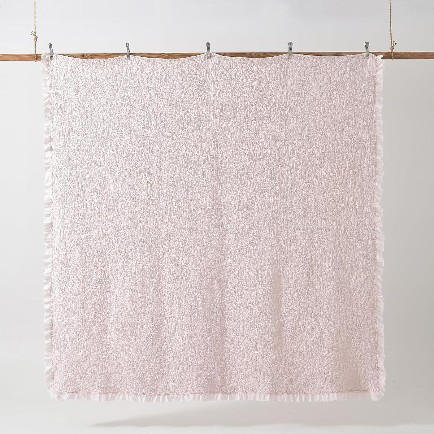 HORIMOTE HOME Pink Ruffled Quilt Queen Size, Stone-Washed Microfiber Lightweight Crinkled Farmhouse Rustic Shabby Chic Bedding Set, 3 Pieces Reversible Bedspread with Pillow Shams for All Season