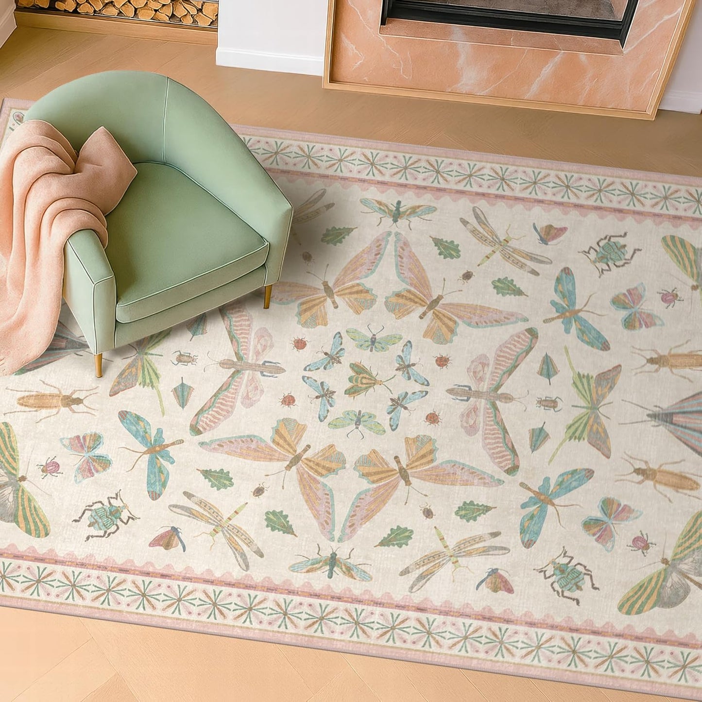 Neutral Girl Nursery Rug 4x6 - Beige & Pink Rugs for Bedroom, Living Room - Washable Low Pile Non-Slip Charming Insect Print Vintage Girly Design, Perfect for Kids Rooms