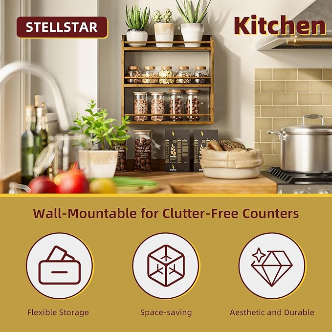 Spice Rack for Countertop, Bamboo Seasoning Jars Organizer Rack Shelf Wall Mounted, 15.83" W x 4.96" D x 15.75" H (Walnut)