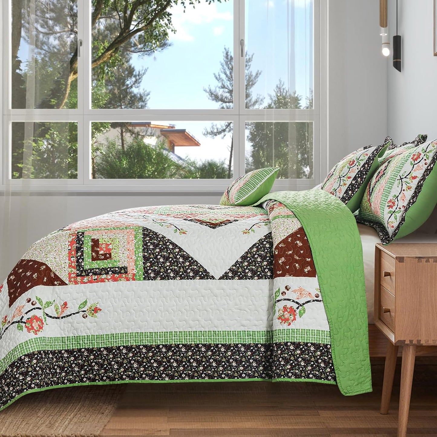 VAPUTAR Quilt King Size Bedding Set - Soft King Size Quilt Set for All Season, Lightweight Reversible Coverlet Bedspread for Farmhouse Bedroom (98 × 106 Inch), Green