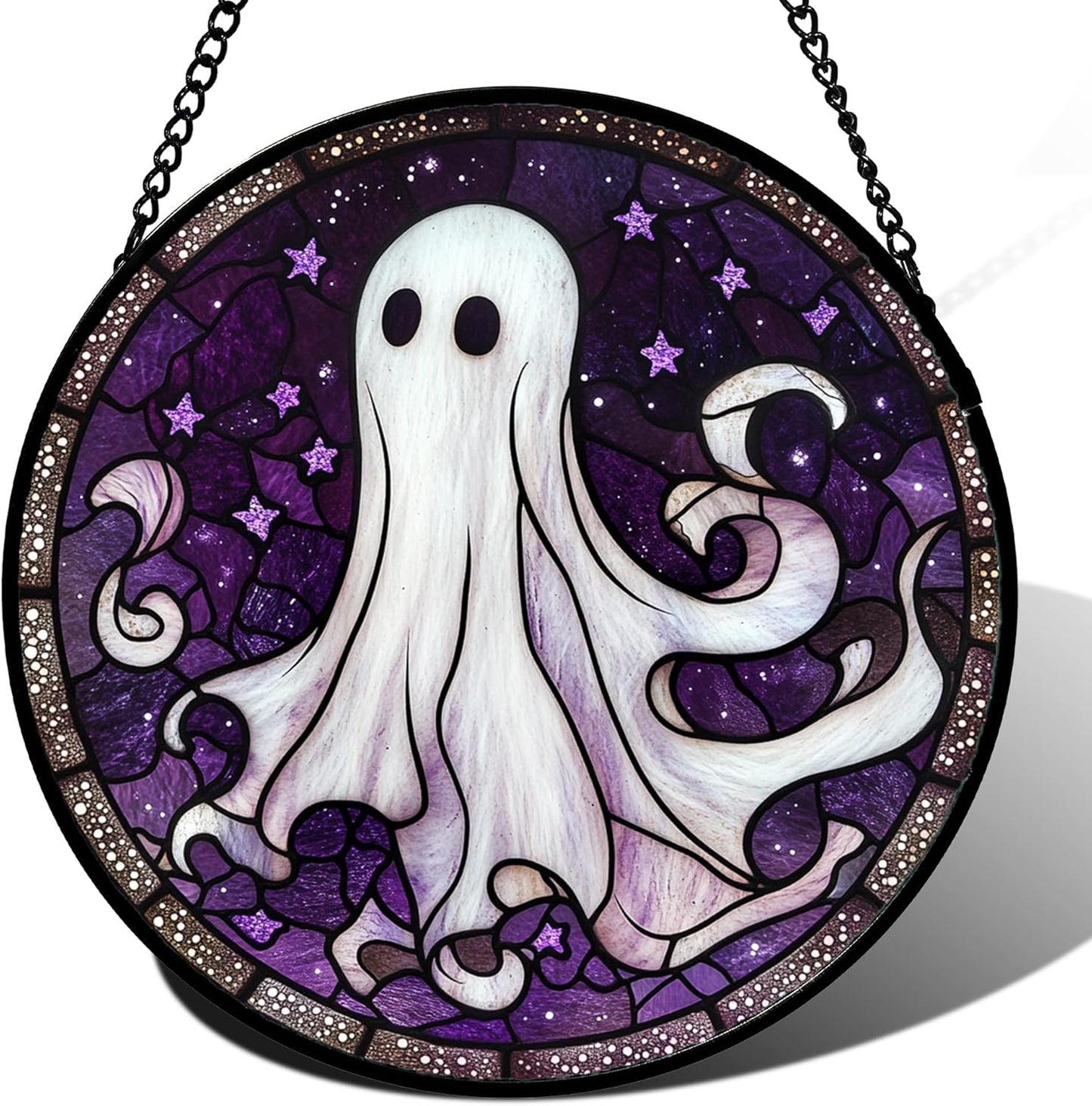 Stained Glass Window Hanging - Halloween Decorations White Ghost Purple Stars Suncatcher for Doors Garden Spooky Funny Sun Catchers Gothic Decor Horror Gifts for Women Men Friend 6.3 in