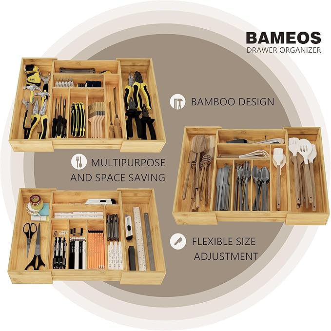 BAMEOS 3.9inch Tall Bamboo Drawer Organizer, Expandable Utensil Holder with 8 Compartments, Adjustable Kitchen Drawer Divider for Flatware, Silverware and Gadgets, Deep Storage for Home and Office
