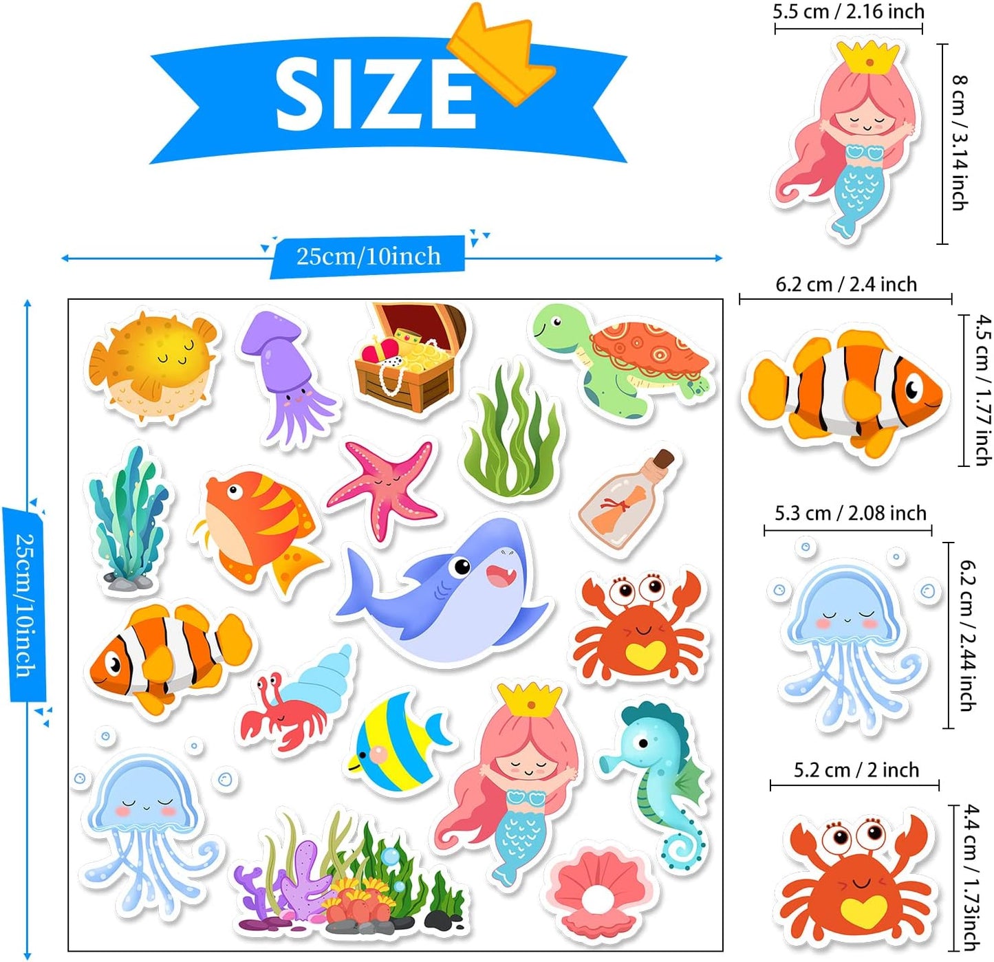 Sea Animals Gel Clings for Kids, 21PCS Thick Vinyl Decals, Cartoon Animal Stickers for Classroom, Home, Nursery, Airplane Birthday Party Supplies, Reusable, Water Resistant, Indoor Usage