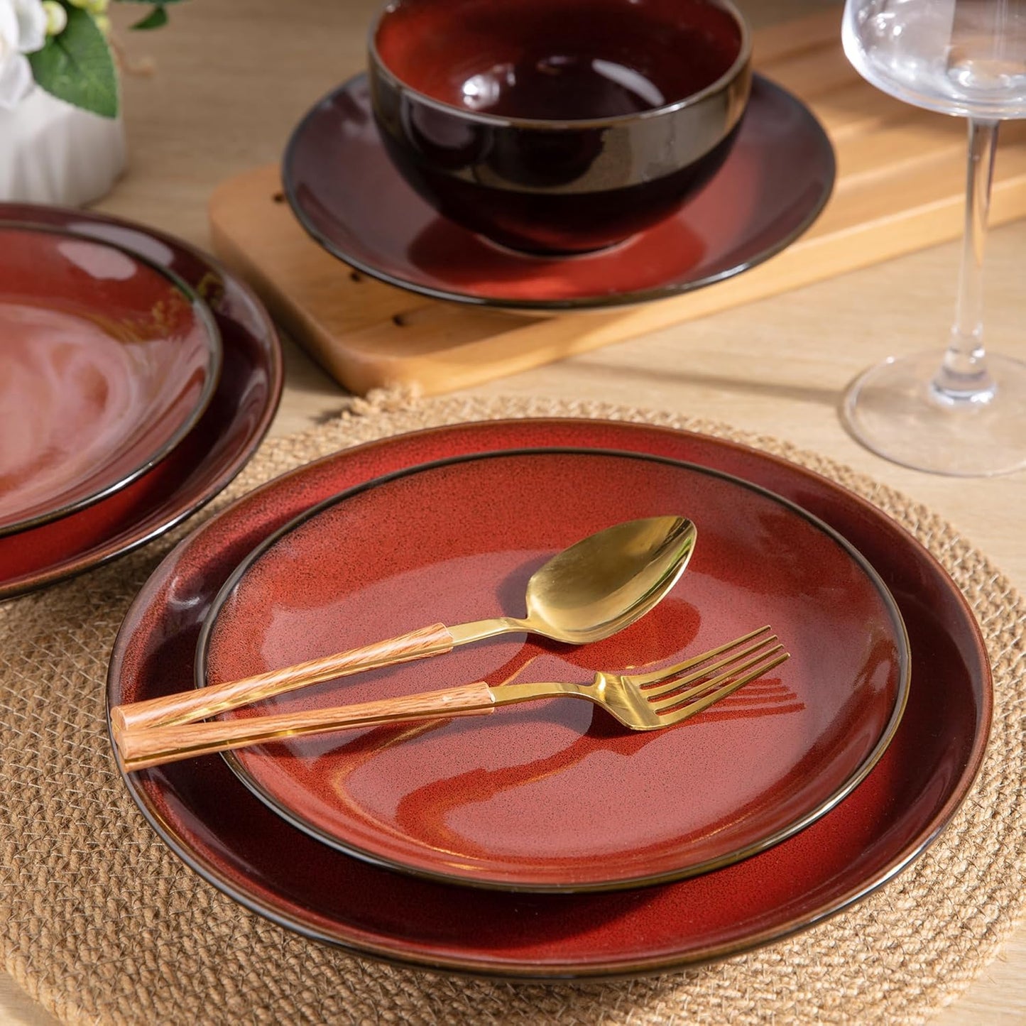 LERATIO Ceramic Dinnerware Sets for 8,Stoneware Plates and Bowls Sets,Handmade Reactive Glaze Dishes Set,Chip Resistant and Scratch Resistant | Oven&Dishwasher & Microwave Safe-Red (24PCS)