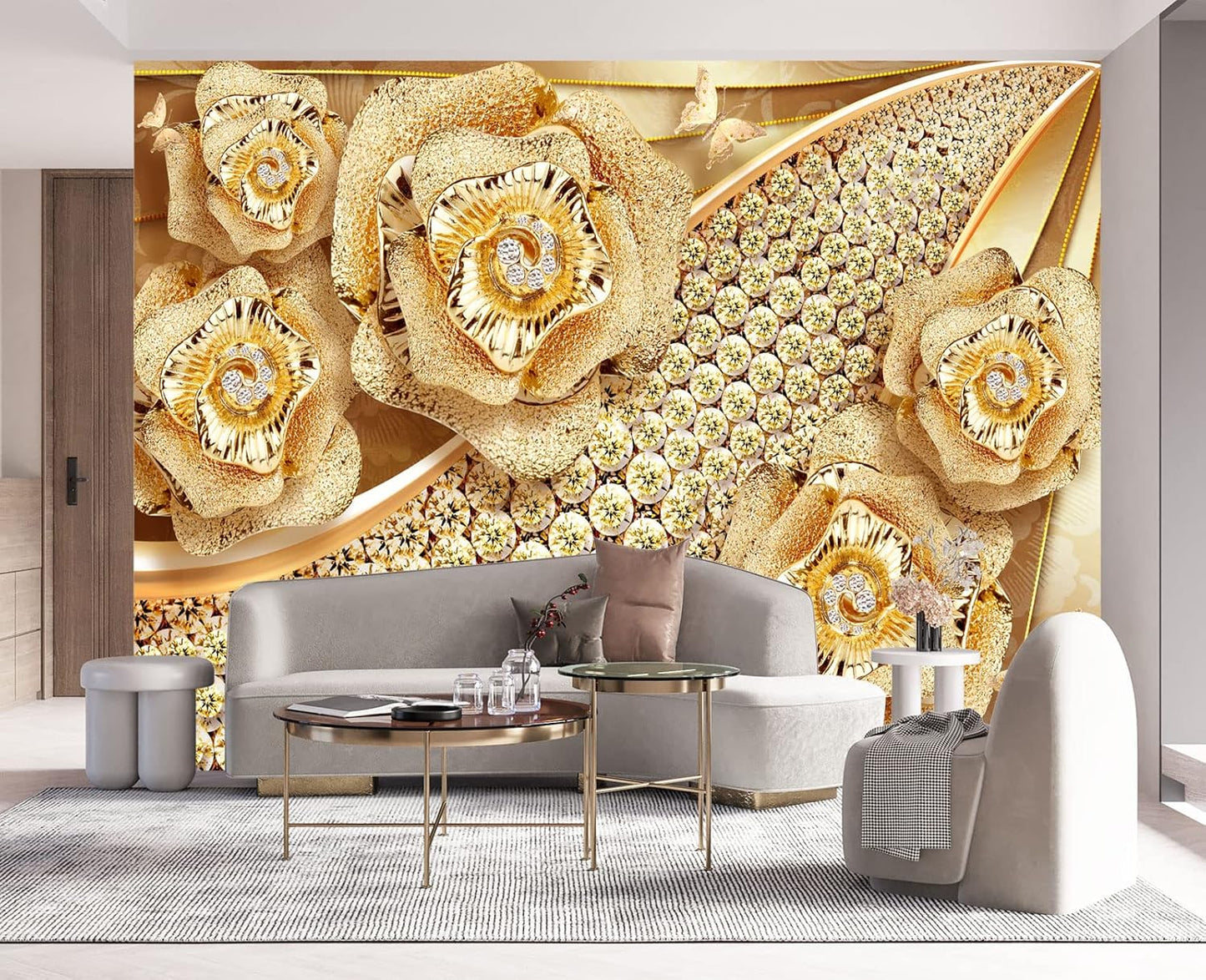 Golden Jewelry Diamond Rose Butterfly Wall Mural Wallpaper for Bedroom 103" x 69"