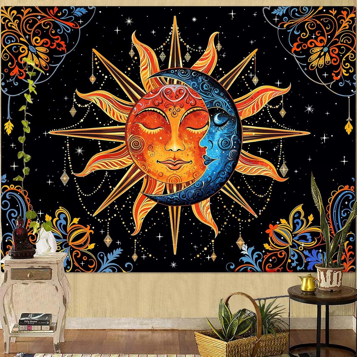 Lunerfex Sun and Moon Tapestry Mandala Wall Tapestry, Cute Tapestries for Bedroom Ceiling Tapestries Wall Hanging for Bedroom Living Room Decor Sun-1 60"x80"