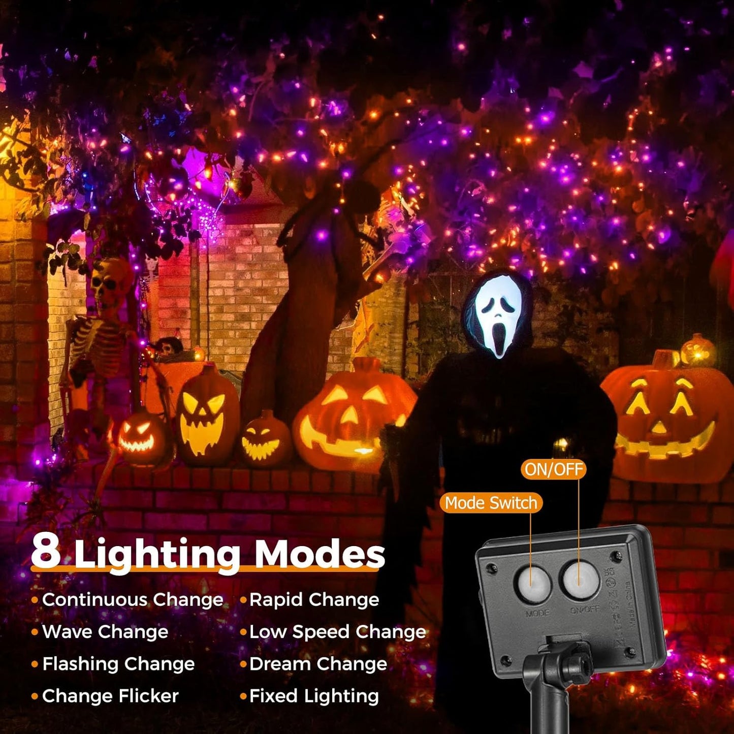 btfarm 4 Pack Solar Halloween String Lights Outdoor, 320LED 132FT Orange Purple Solar Fairy Lights Outside Waterproof, 8 Modes Solar Powered Twinkle Lights for Tree Garden Patio Halloween Decorations