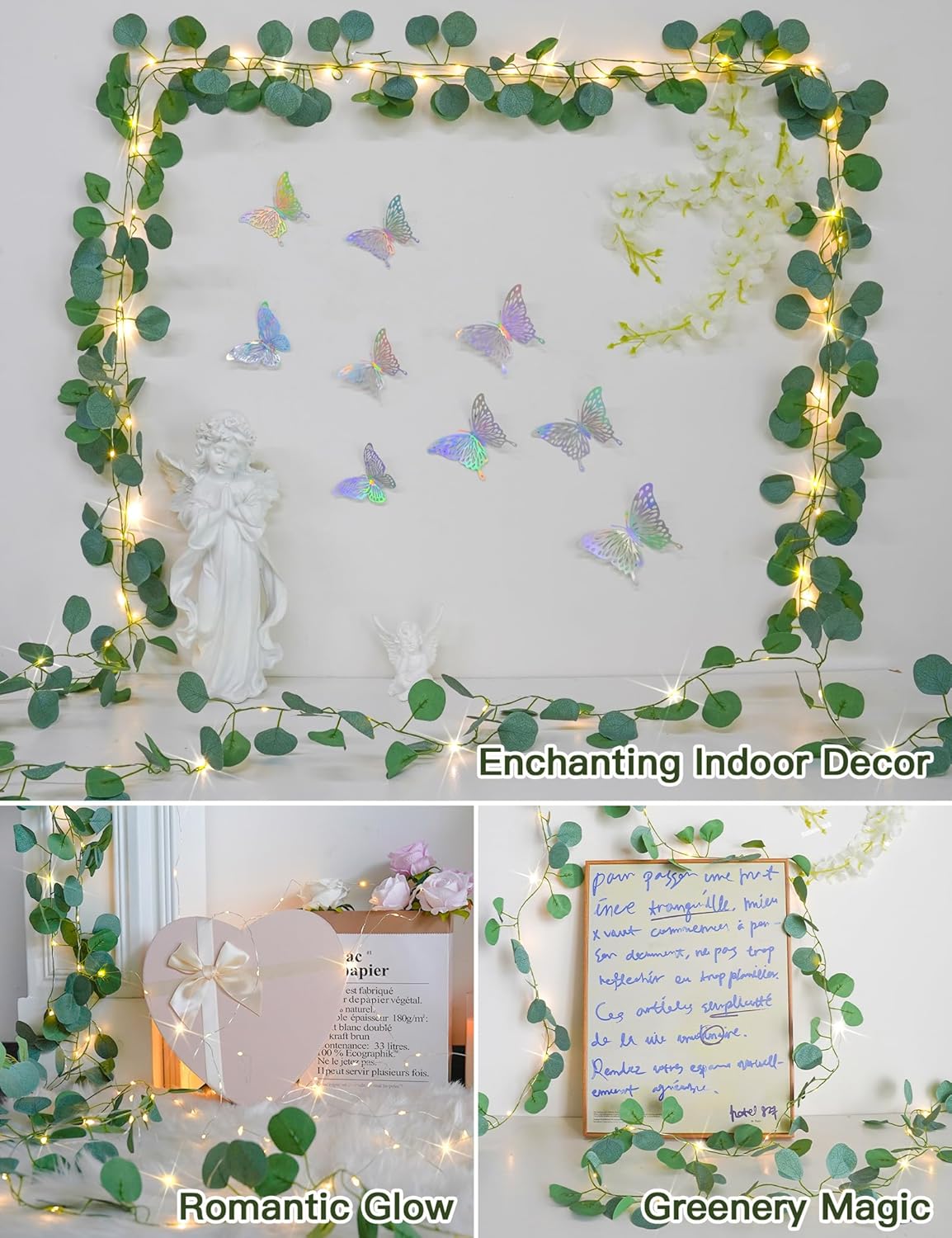 suddus Vines with Lights Battery Operated, 33ft 100 LED Eucalyptus Garland String Lights with Remote, Leaf Lights for Bedroom, Room, Wall, Garden, Party, Wedding Decor (Warm White)