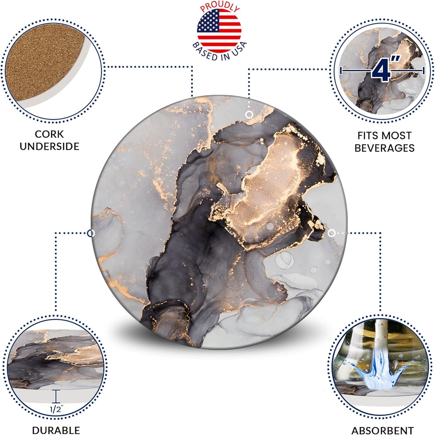 Emerson Coasters for Drinks Absorbent – Saucers Coffee Table Set of 6 with Holder, 100% Ceramic Wooden Tabletop Protection Marble Style, Non-Slip & Cork Bottom - Heavy Duty Drink Coasters (Crown)