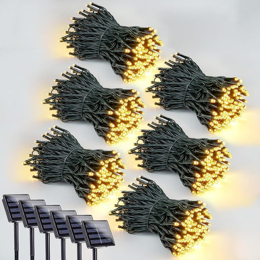 6 Pack 600 LED Solar String Lights for Outside, Solar Christmas Lights Outdoor with 8 Lighting Modes, Waterproof Green Wire Solar Powered Tree Light for Xmas Party Yard Garden Decorations (Warm White)