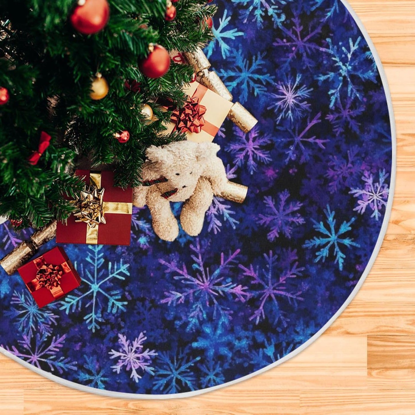 Christmas Blue Purple Snowflake Tree Skirt, Seasonal Tree Mat Holiday Party Supplies Ornaments Indoor Outdoor Decorations for Tabletop Trees 35.4 Inches