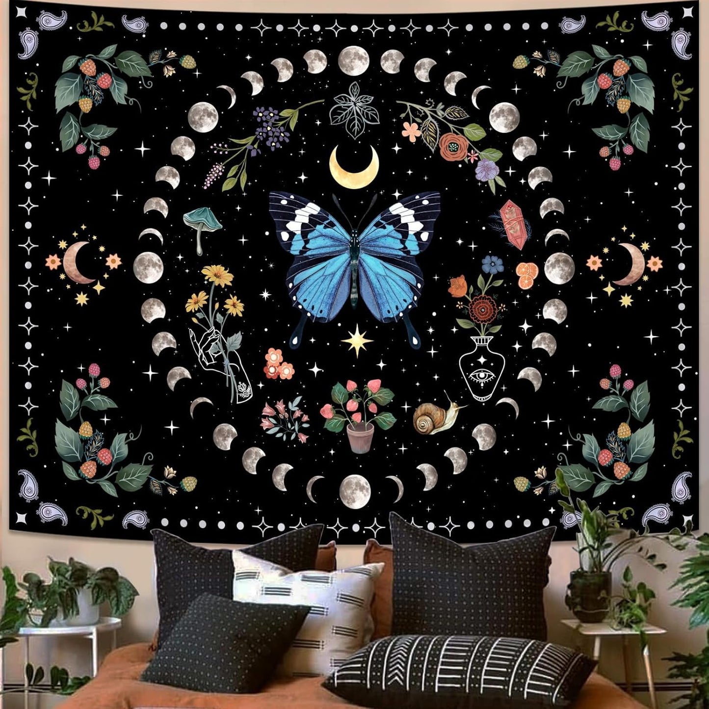 Aipon Blue Butterfly Moon Flower Tapestry Botanical Boho Plant Floral Wall Hanging for Bedroom and Living Room (36.00'' 48.00'', Blue)