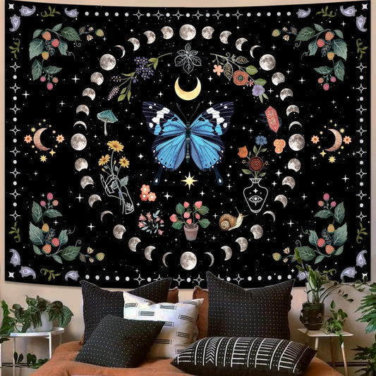 Aipon Blue Butterfly Moon Flower Boho Floral Tapestry for Bedroom & Living Room (60.00'' 80.00'', Blue)