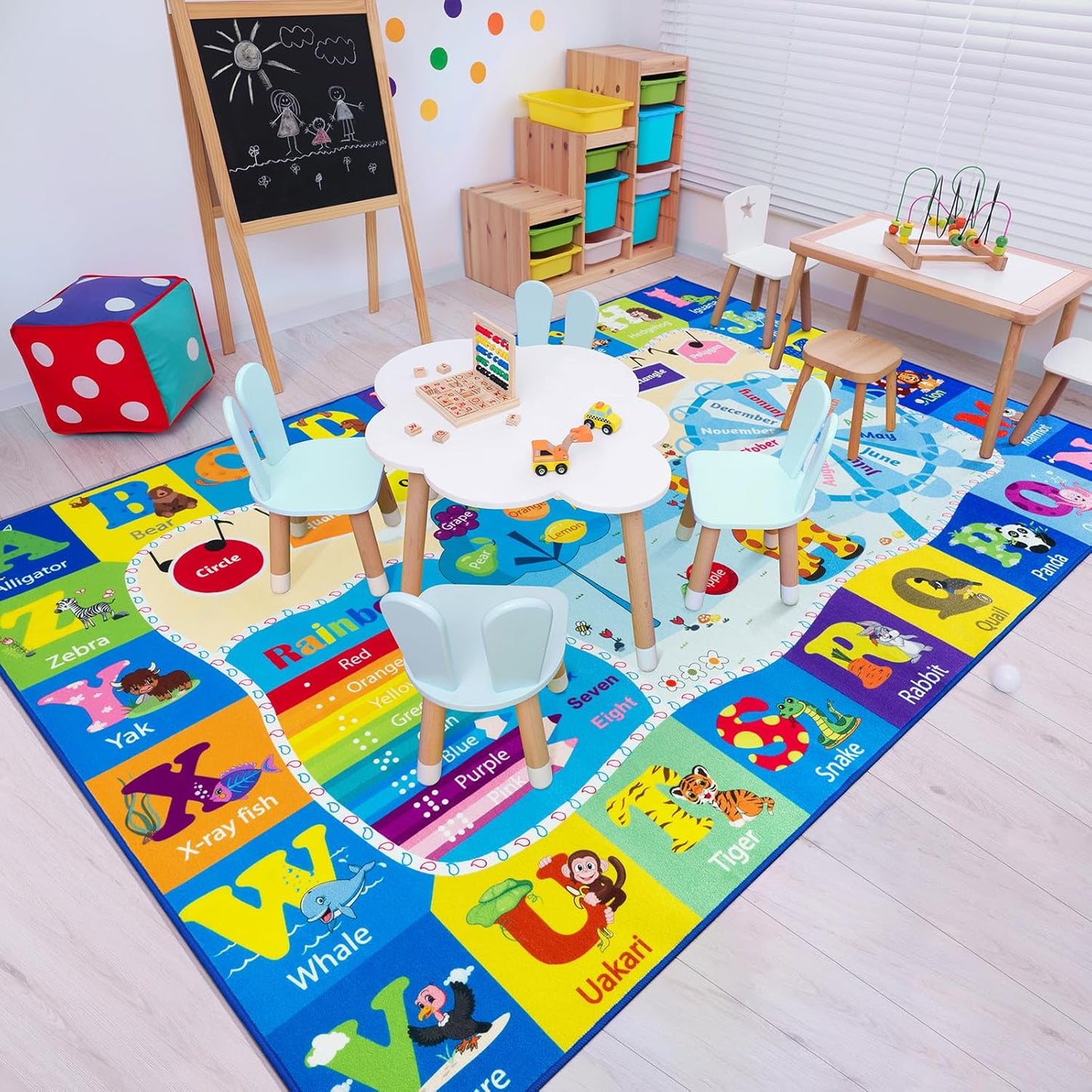 Kids Rugs for Playroom Bedroom Classroom Nursery, Non-Slip and Washable Rugs for Children Toddlers Girls, Educational and Fun Rug Carpets with ABC Alphabet Animals Shapes, 7x10, Blue