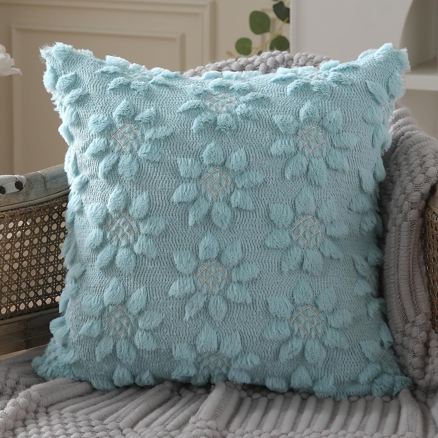 DFXSZ Spring Summer Pillow Covers 16x16 inch Set of 2 Farmhouse Decor White Flower Heart Sunflower Blue Soft Plush Faux Fur Jacquard Throw Pillows for Sofa Holiday Spring Home Decor PTK024G16