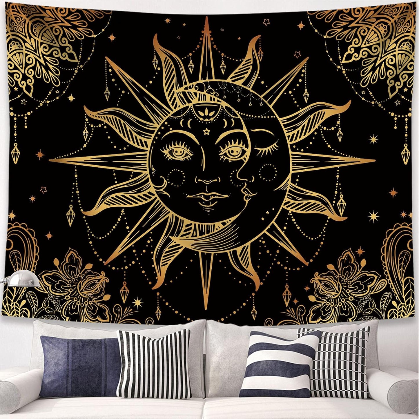 Lunerfex Hippie Sun and Moon Tapestry Bohemian Tapestry Aesthetic Cute Tapestries for Bedroom and Living Room Decor Sun 60×80 Inches