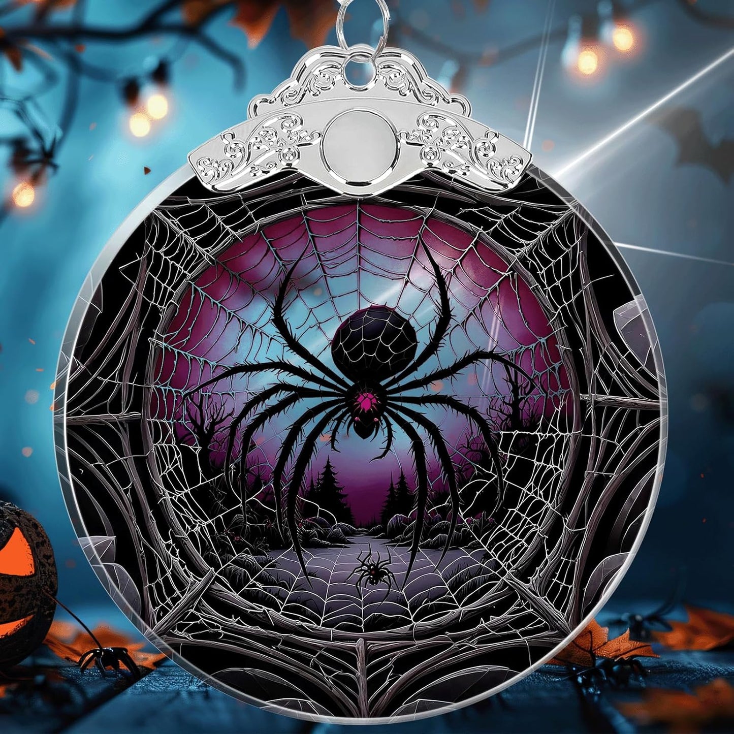 Mutant Spider Under Moonlight Halloween Christmas Tree Stained Glass Ornament - Hanging Ornaments for Christmas Tree Decorations - Holiday Keepsake Present Exchange Idea