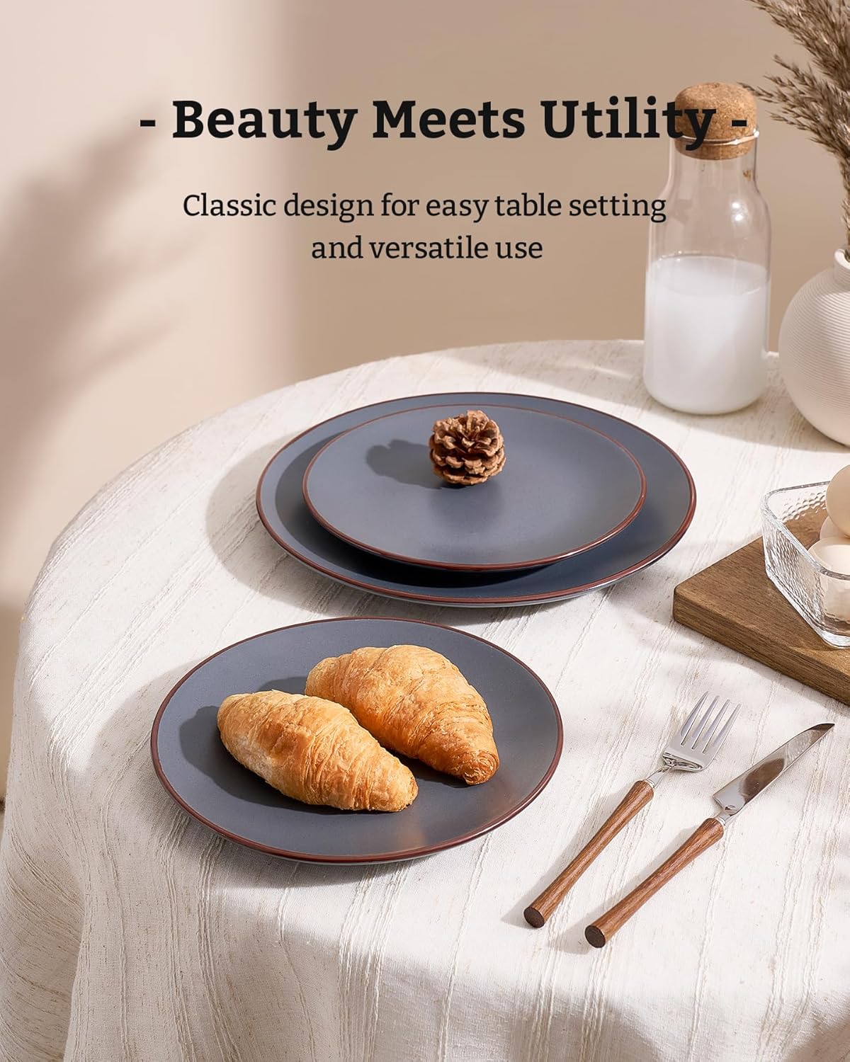 Famiware Venus Plates and Bowls Sets, 12 Pieces Stoneware Speckled Dinnerware Sets, Dishes Set for 4, Microwave and Dishwasher Safe, Matte Charcoal