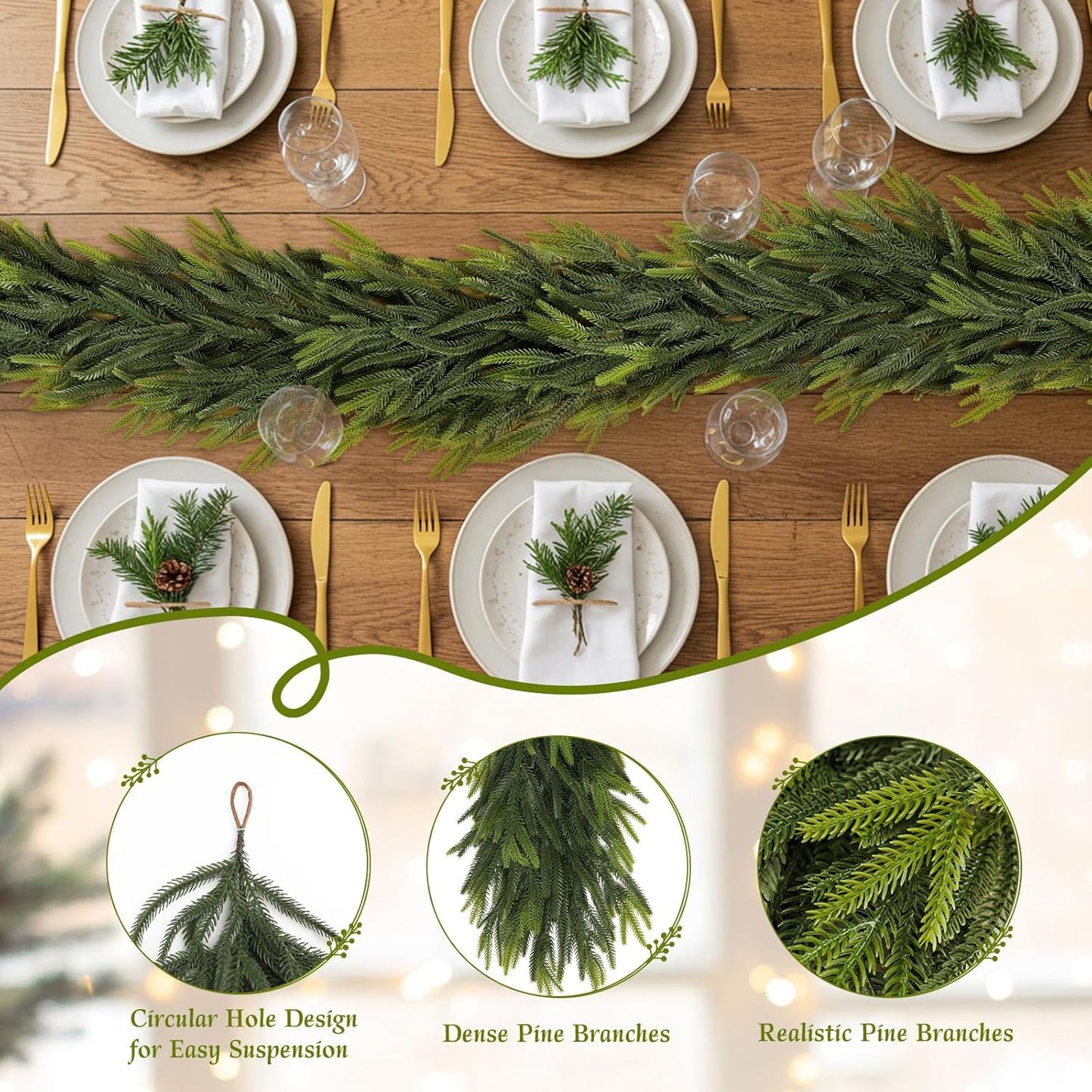 N&T NIETING 6FT Christmas Norfolk Pine Garland Real Touch Pine Artificial Garlands Faux Greenery Garland Winter Christmas Garland for Table Mantle Holiday Indoor Outdoor Xmas Decorations (4 Pcs)