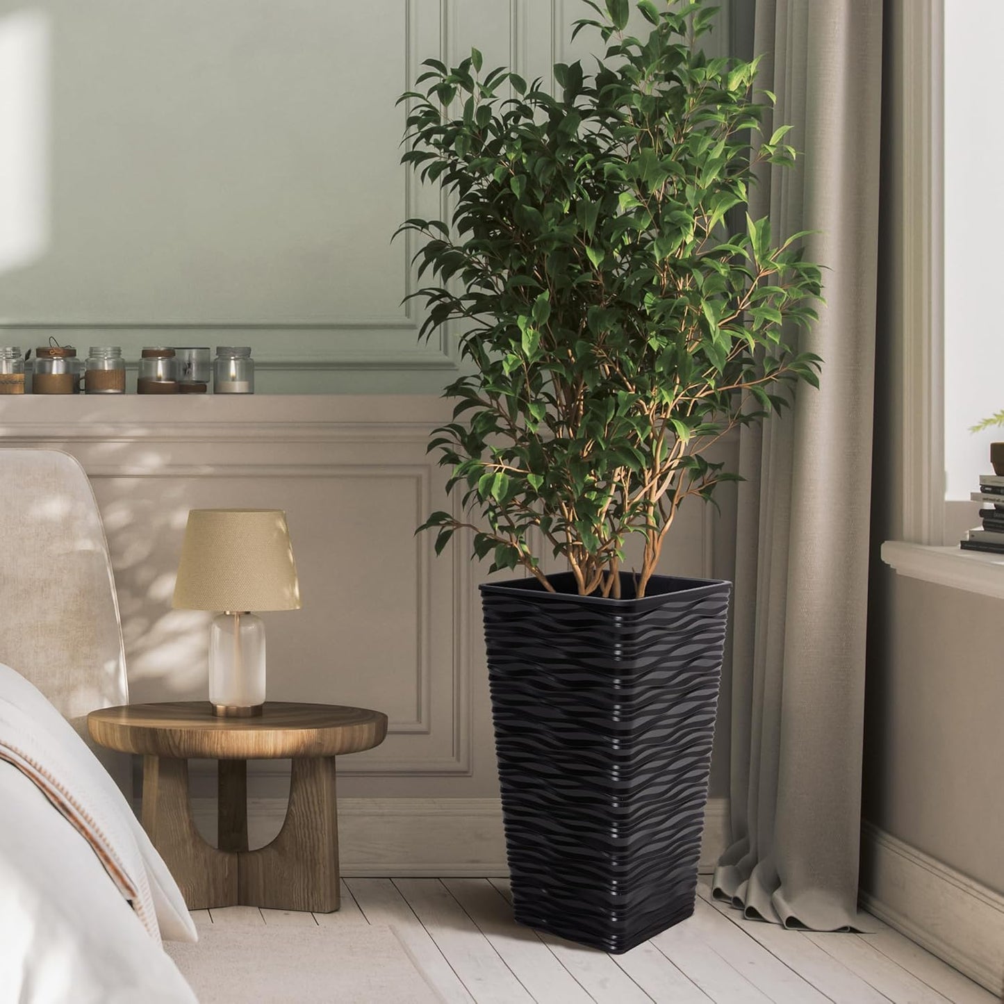 Worth Garden 2-Pack 22" H. Black Square Tapered Planter with Inside Pots - Plastic Plant Pots for Indoor Outdoor - Modern Wavy Finish Decorative Flower Pots for Front Porch Containers Patio Deck