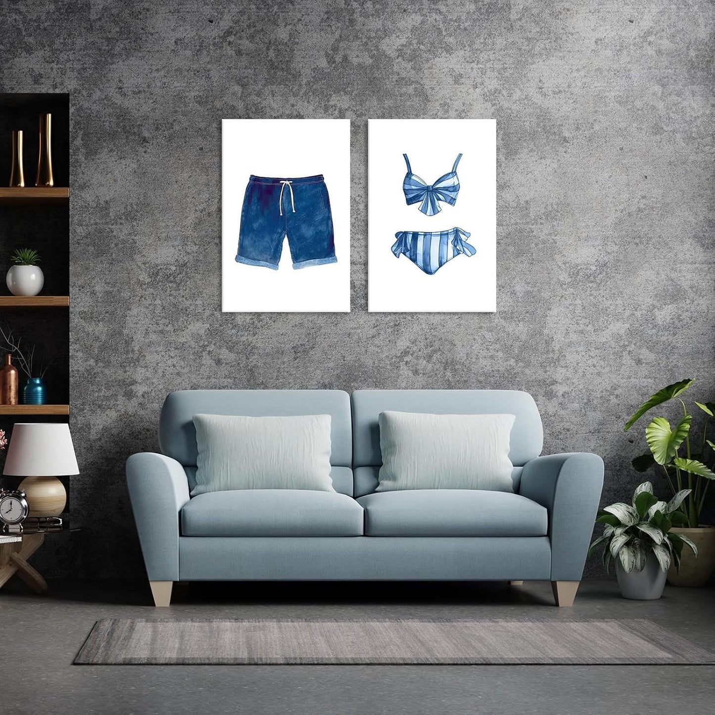 Liyark Set of 2 Retro Navy Blue And White Swimsuit Art Posters Beach Bathing Suit Prints Painting Beach House Wall Art Coastal Wall Decor Pictures For Bathroom Home Decoration 12x16in Framed