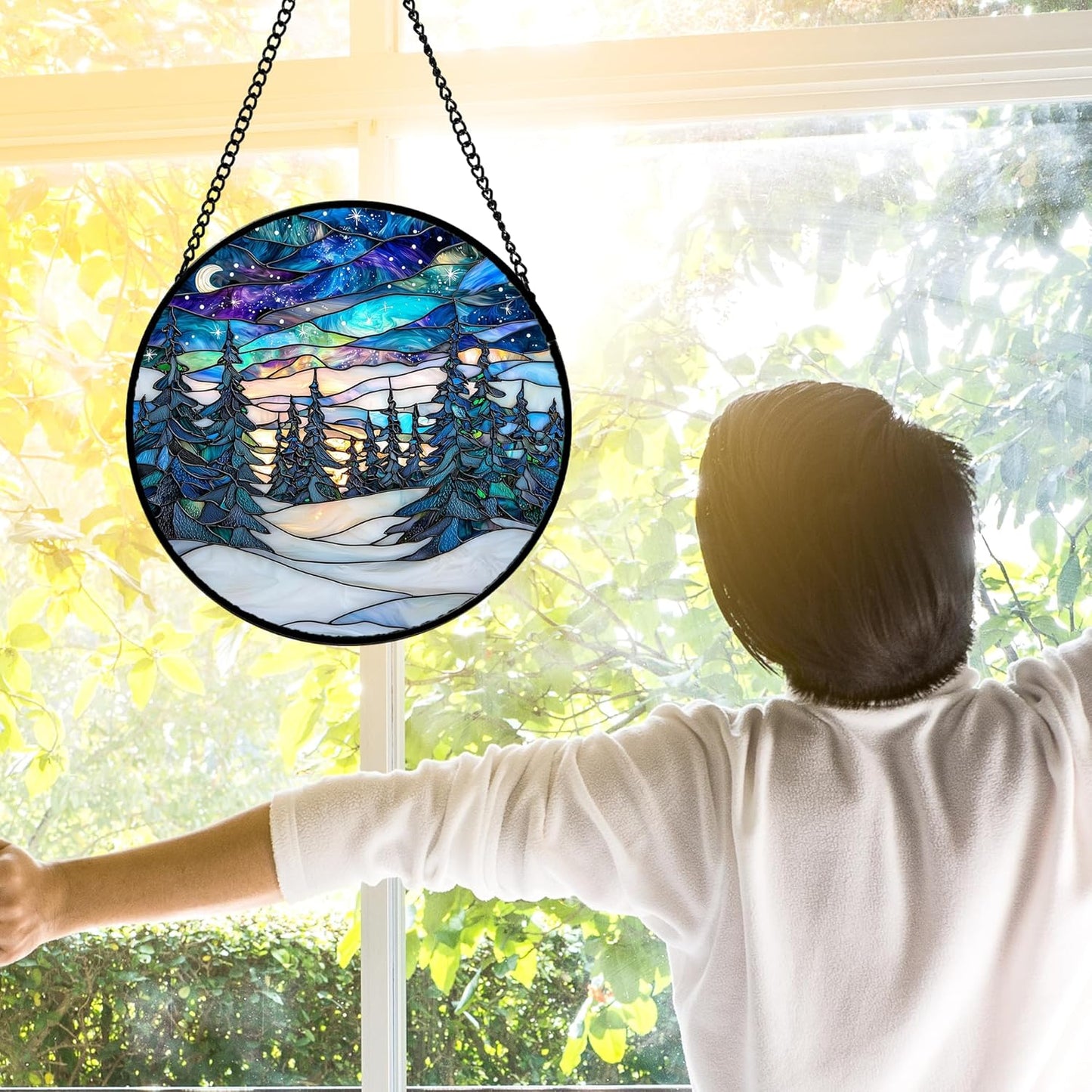 Stained Glass Window Hanging, Starry Sky Trees and Snow Sun Catchers Glass Panel Blue Suncatcher Decor for Birthday for Women, Men, Wife, Aunt, and Mom 9.8 in