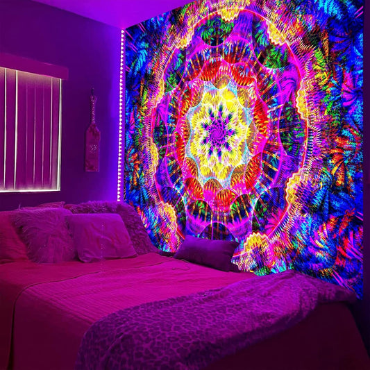 PSYHILAR Blacklight Mandala Tapestry for Bedroom, Psychedelic Black Light Posters for Adults and Teens, Colorful UV Reactive Aesthetic Bohemian Art Wall Hanging Decor (90 x 70 Inches)