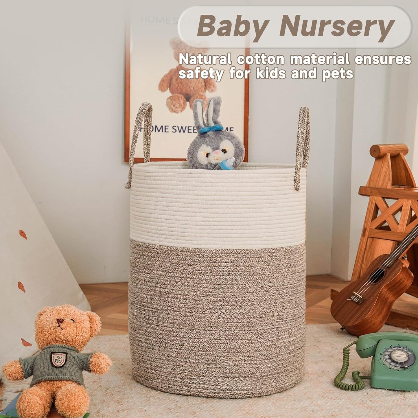 Large Woven Laundry Basket Hamper,100L Cotton Rope Storage Bin for Blankets,Toys and Clothes,Decorative Tall Nursery Hamper for Living Room,Baby Nursery,Bathroom and Bedroom,Brown