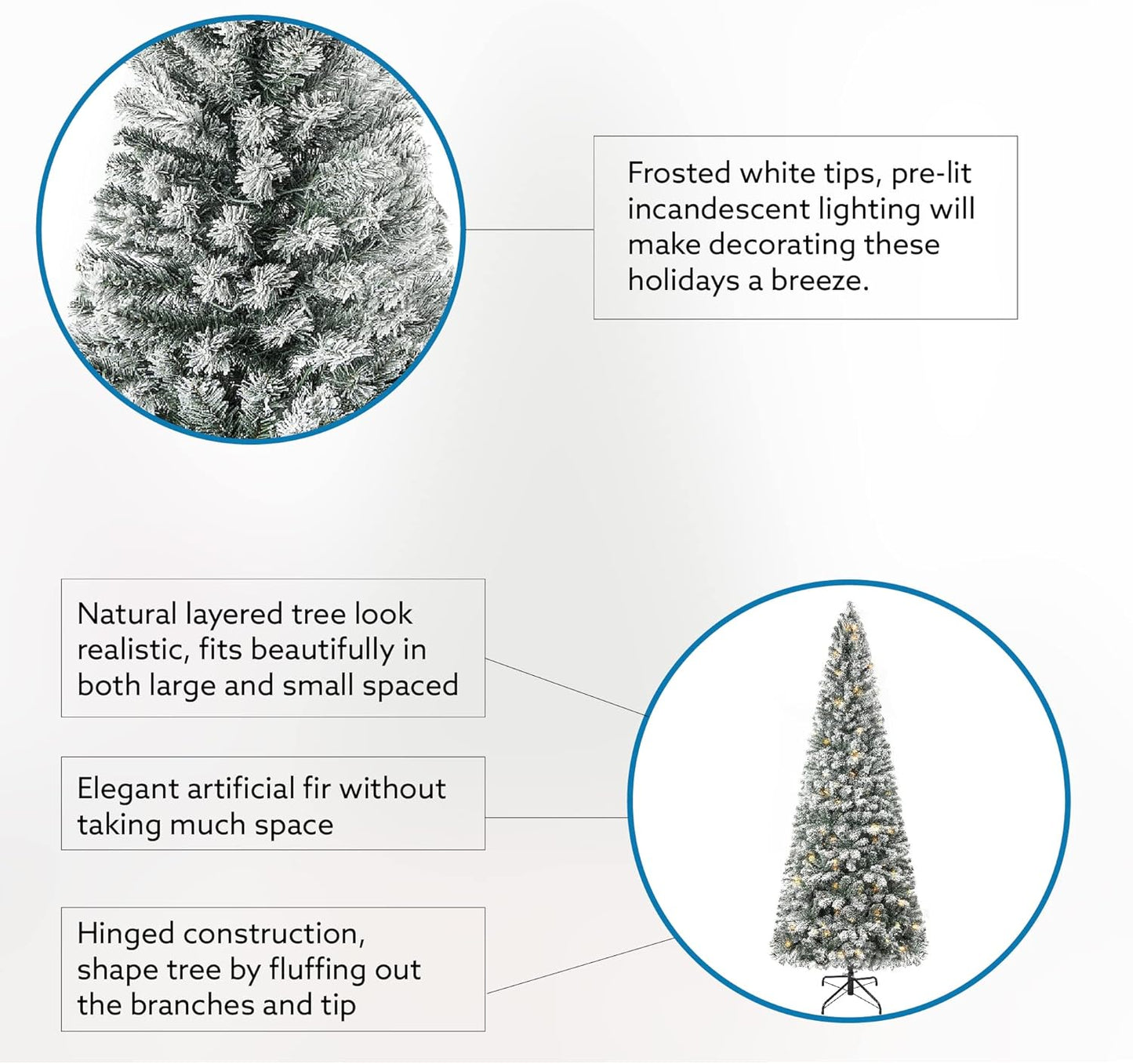Naomi Home Salzburg 7.5ft Frosted Prelit Slim Artificial Christmas Tree with 1102 Branch Tips, 350 Warm Lights and Metal Stand, 34" Wide Realistic Snow Flocked Skinny Pencil Christmas Tree
