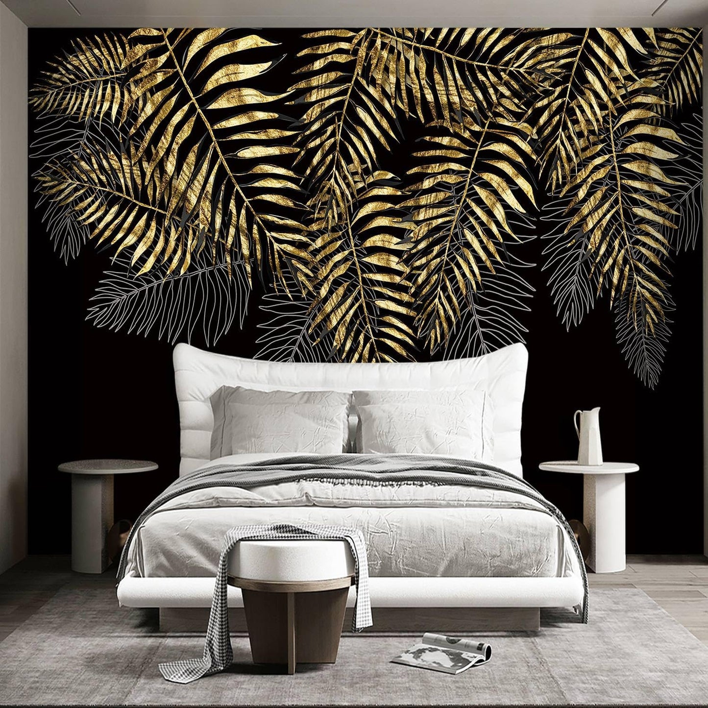 Black and Gold Leaf Mural Bedroom Tropical Botanical Wallpaper Room Plant Decor Living Room tv Background Large Wall Mural - 137"x96" (Not Peel and Stick)