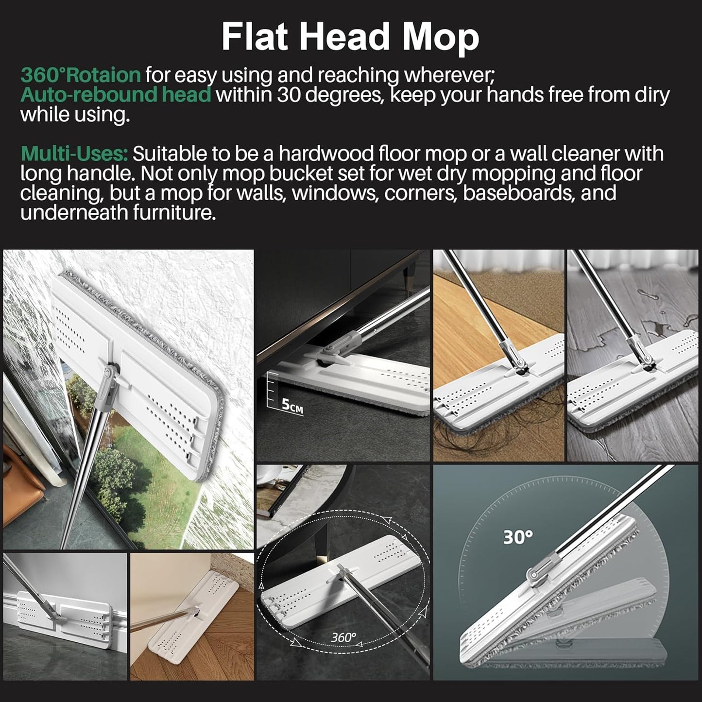 JOYMOOP Mop and Bucket with Wringer Set, Hands Free Flat Floor Mop and Bucket, with 5 Washable Microfiber Pads, Wet and Dry Use, Floor Cleaning System