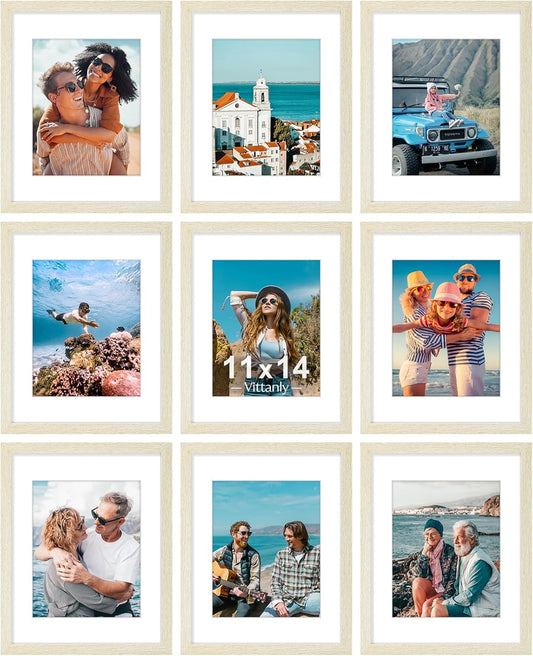 Vittanly 11x14 Picture Frames Set of 9, Shatter Resistant Plexiglass, Display 8x10 Pictures with Mat or 11x14 without Mat, Photo Frames for Wall or Tabletop, Engineered Wood, Cornsilk