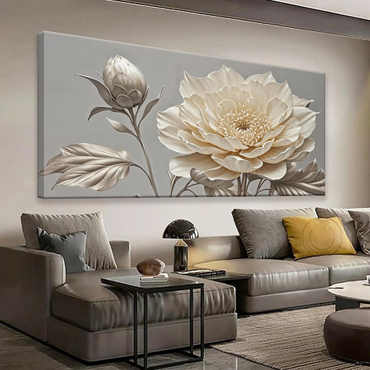 QSQ White Wall Art For Living Room Silver White Flower Wall Art Print Modern Canvas Art Wall Decor Home Decor Suitable Pictures For Bedroom Apartment Office Can Be Hung 24" X 48"