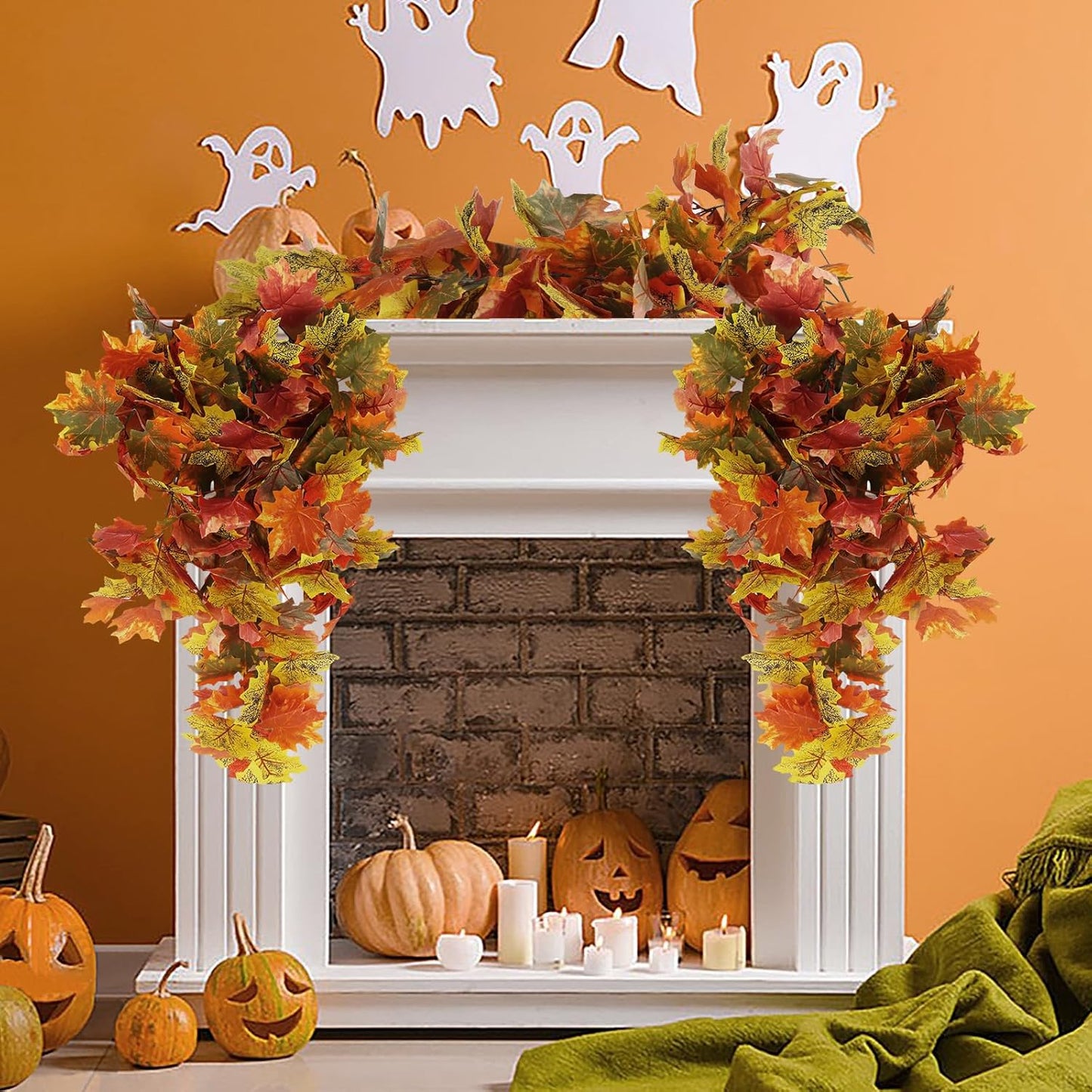 RECUTMS 2pcs Artificial Hanging Maple Leaves Plants Fake Fall Vines Plants Faux Autumn Hanging Fall Artificial Mums for Indoor Outdoor Thanksgiving Party Wedding Home Wall Door Decor(Green Yellow)