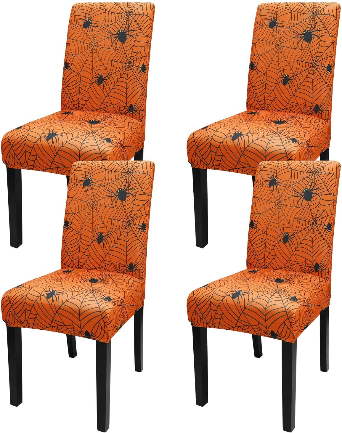 JQinHome Halloween Orange Dining Chair Slipcover, Spider Web Chair Covers Set of 4 ，High Stretch Washable Chair Protector Cover for Dining Room, Kitchen,Home Party,Wedding Ceremony(Orange, 4PC)