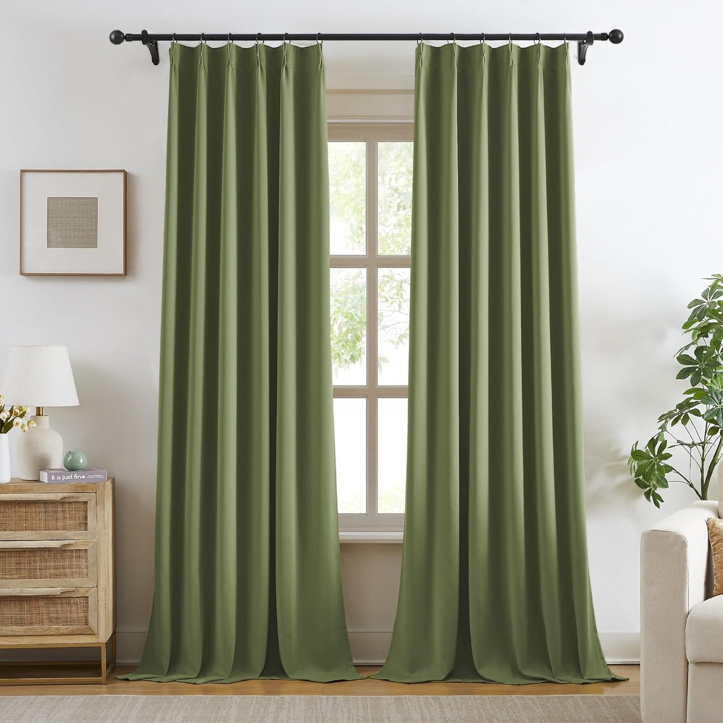 KangBang 2 PCs Sage Green Wide Blackout Curtains 95 Inches Long, Pinch Pleated with Hooks Track System Darkening Custom Modern Stylish for Sliding Patio Door Living Room,60 Width by 95 inch Length