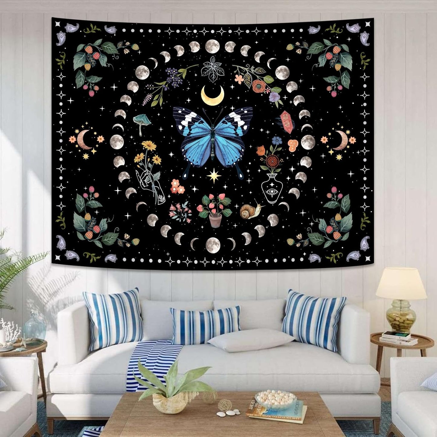 Aipon Blue Butterfly Moon Flower Boho Floral Tapestry for Bedroom & Living Room (60.00'' 80.00'', Blue)