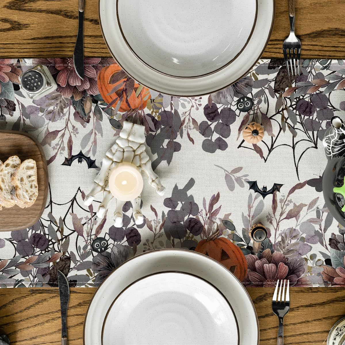 Artoid Mode Jack-O'-Lantern Pumpkin Floral Ghost Halloween Table Runner, Eucalyptus Kitchen Dining Table Decoration for Home Party Decor 13x36 Inch