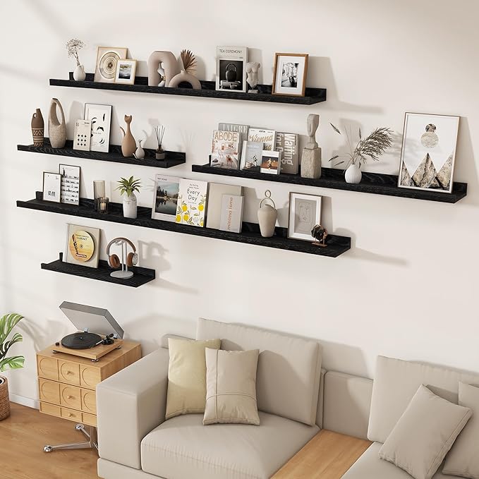 Floating Picture Ledge Shelves 24 Inch Solid Oak Wood Set of 2, Rustic Wall Storage Shelves with Lip, Kids Bookshelf, Photo & Picture Ledge Shelves for Bedroom, Living Room, Kitchen