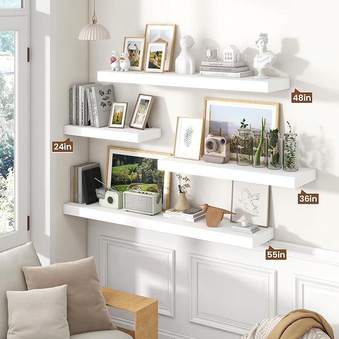 Heimlove 36 Inch Floating Shelves for Wall Set of 2,White Wall Shelves for Storage & Decor - Heavy Duty with Invisible Brackets,Perfect for Living Room,Bedroom,Home Office
