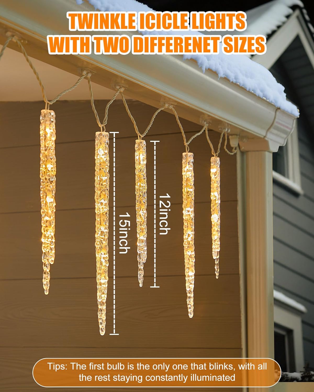 Minetom Icicle Lights Outdoor with Clips, 2 Pack Total 40ft 200 LED 40 Tubes Twinkling Ice Shape String Lights, Connectable Hanging Christmas Lights Plug in for Eave Holiday Outdoor, Warm White