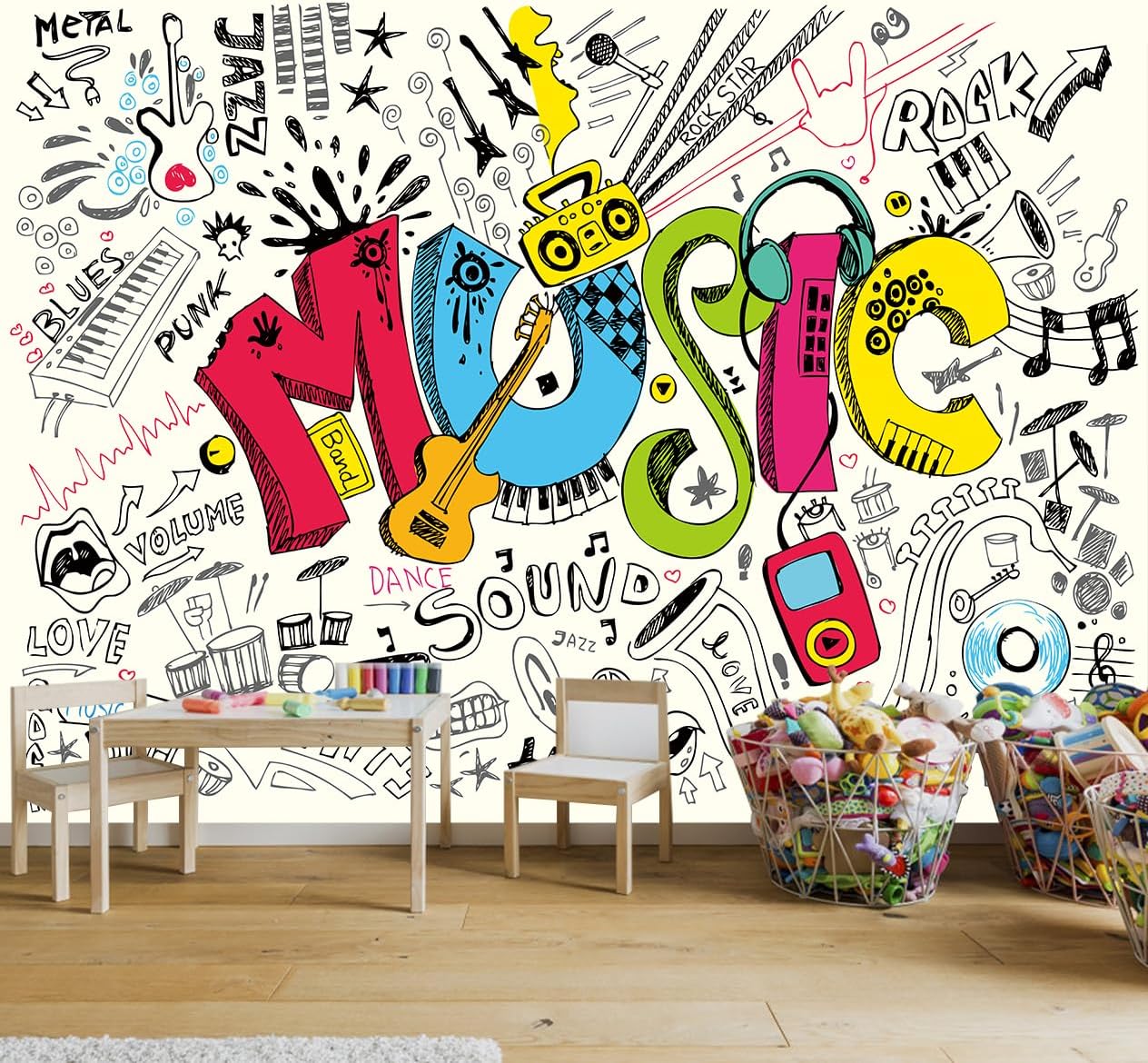 Music Graffiti Wallpaper Fan Guitar Drums Large Background Wall Decor for Music Room Bar(Not Peel and Stick)