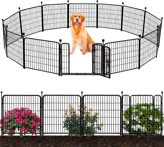 ADAVIN Garden Fencing 36 inch High, 14 Panels Total 31 Ft(L), Animal Barrier Fence, Wide gate Low Threshold, Yard Fence for Dogs, Black Metal Garden Fences and Borders, Outdoor Rabbit Fence