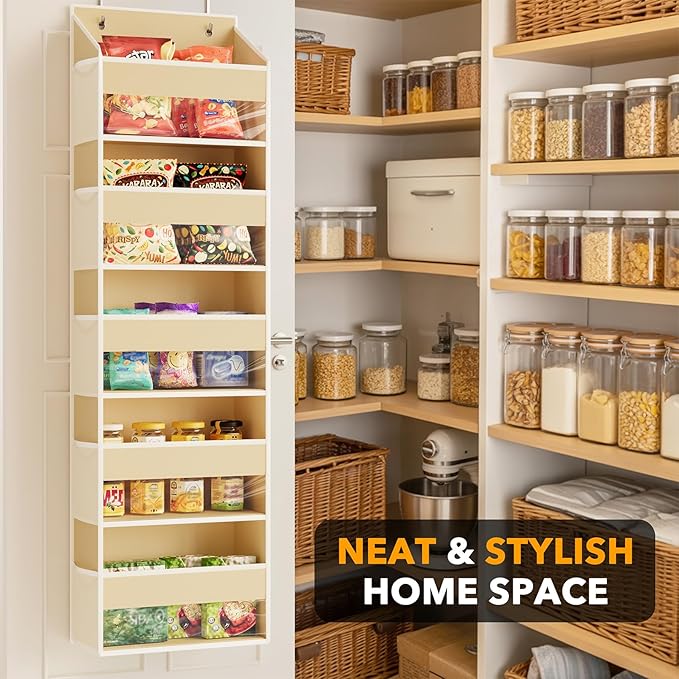 SpaceAid 1 Pack Over The Door Organizer with 5 Large Pockets and 10 Mesh Side Pockets, 5 Layers Door Organizer Hanging with Clear Window for Bedroom, Bathroom, Pantry and Nursery, Beige