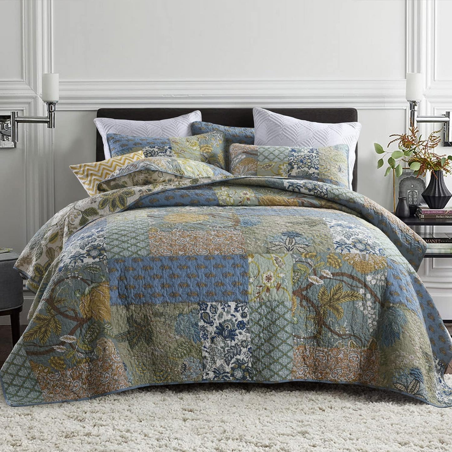 Secgo Twin Size Quilt Size - 100% Cotton Comforter Set Bedding Sets (68 * 86 Inch) with 2 Pillow Shams, Patchwork Reversible Lightweight Bedspread