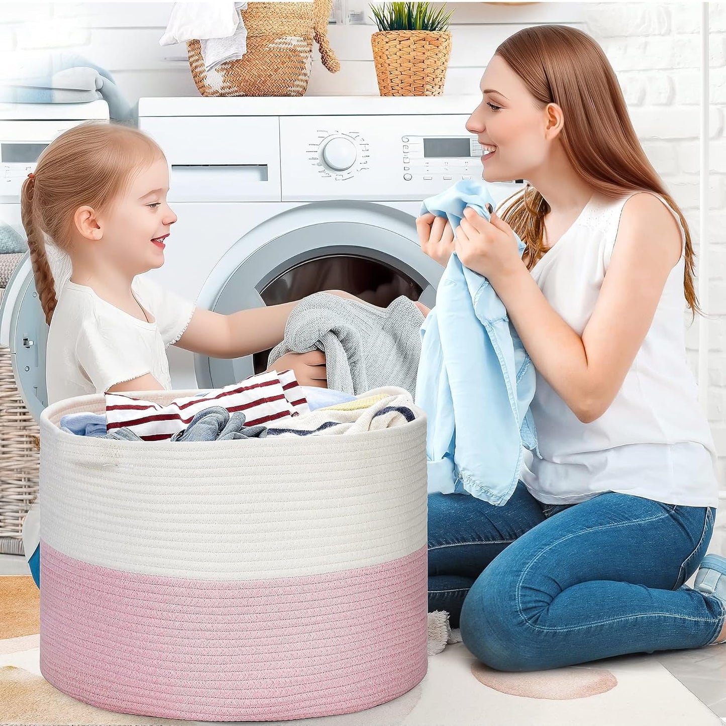 Ravinte Blanket Basket - 20"x 20"x 13" Cotton Rope Basket for Living Room, Baby Toy Storage Basket, Large Woven Laundry Basket (White-Pink)