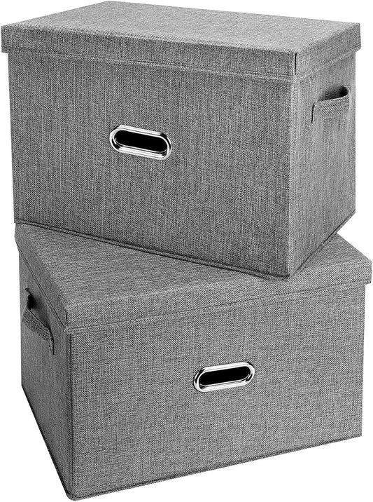 Large Linen Fabric Foldable Storage Bins with Removable Lid and Handles, Washable Storage Box Organizer Containers Baskets Cube with Cover for Bedroom,Office (Grey, Small(2-Pack))