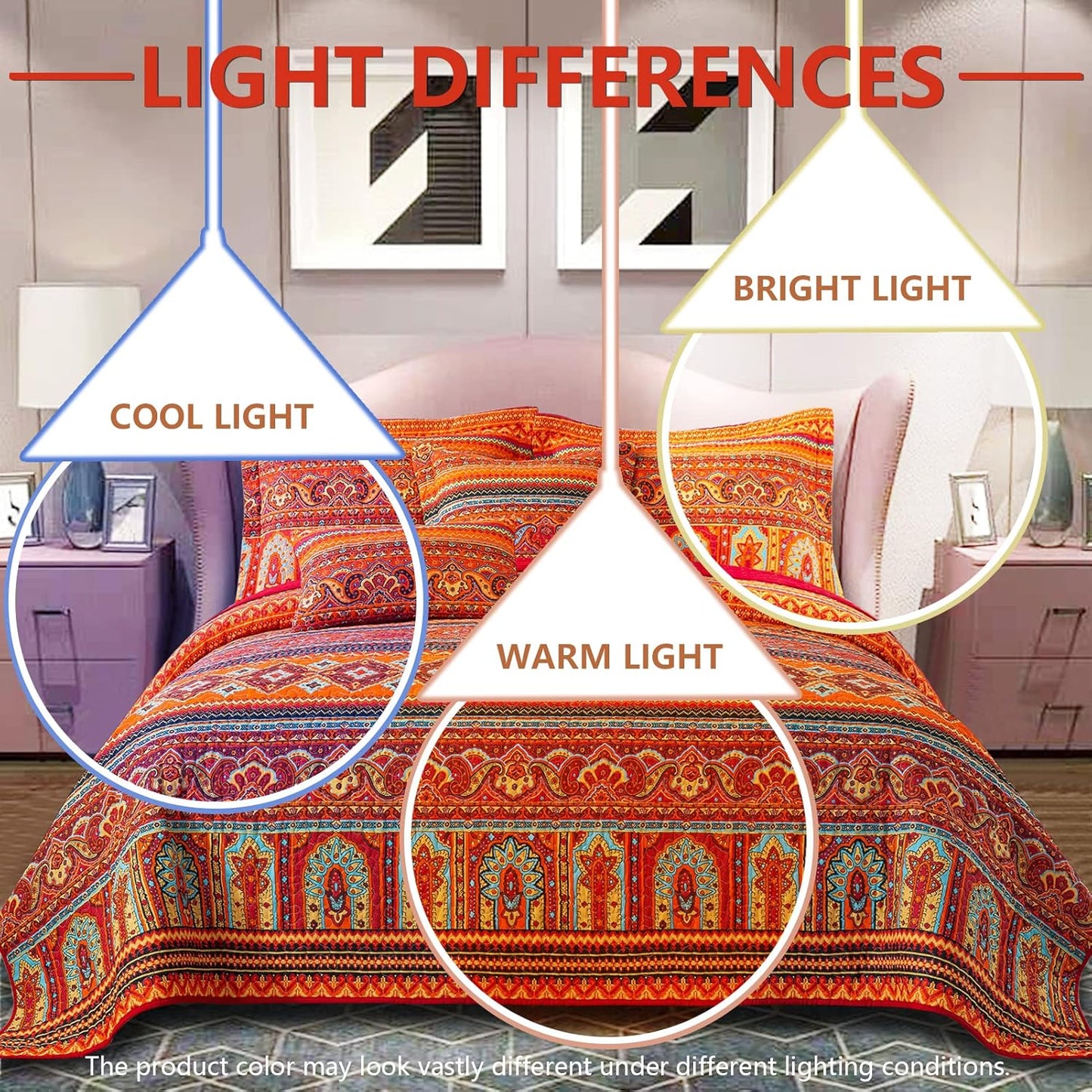 VAPUTAR Cotton Quilt King Size Bedding Set - 3 Pieces King Quilt Bedding Set, Boho King Size Quilts, Lightweight Reversible Coverlets Bedspreads for Farmhouse Bedroom (Red/Orange)