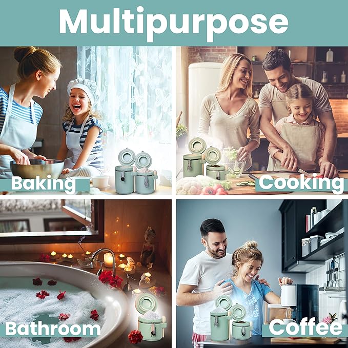 Home Intuition 4-Piece Ceramic Kitchen Canisters Set, Airtight Containers with Wooden Spoons Reusable Chalk Labels and Marker for Sugar, Coffee, Flour, Tea (Mint)