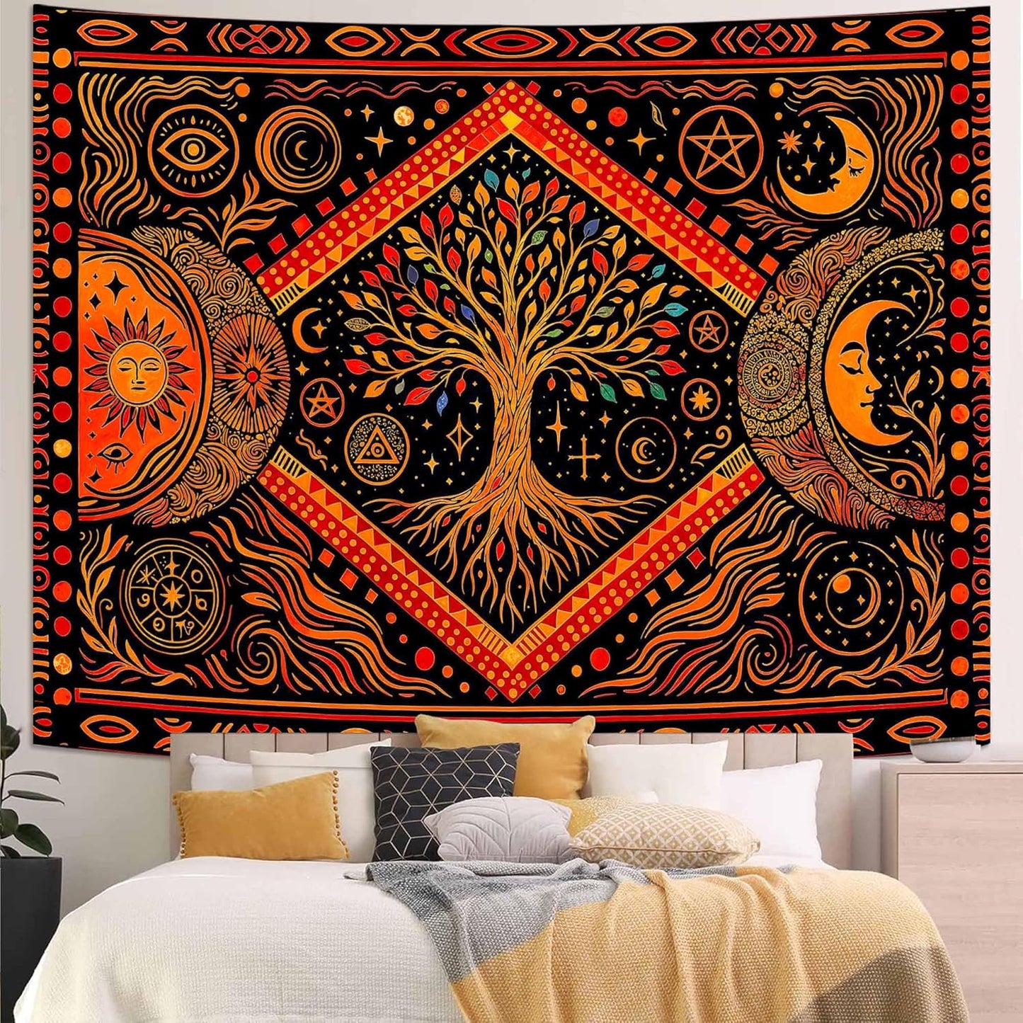 Lunerfex Tree of Life Sun Moon Stars Wall Tapestry, Cosmic Harmony Symbol Tapestries for Home Decor, Mystical Tapestry 80x60 Inch